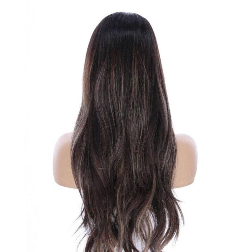 26" Ponytail Silk Top Wig Natural Black w/ Caramel Balayage