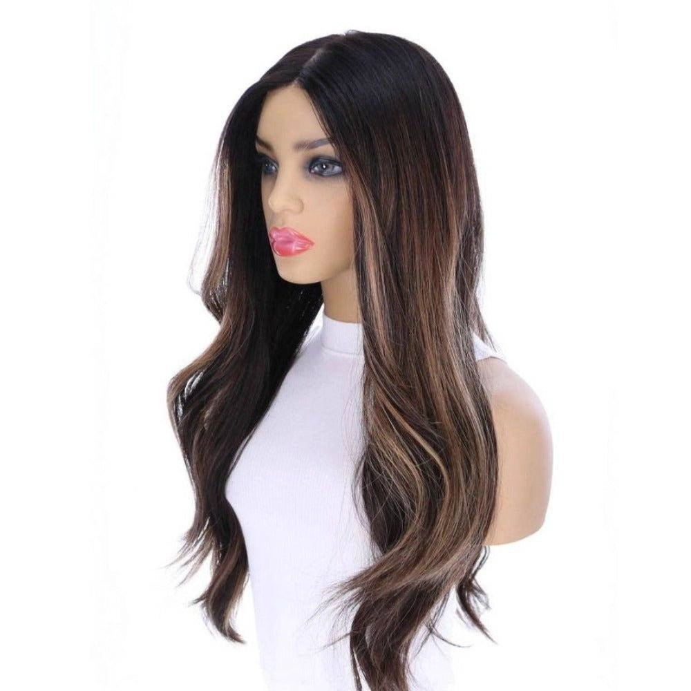 26" Ponytail Silk Top Wig Natural Black w/ Caramel Balayage