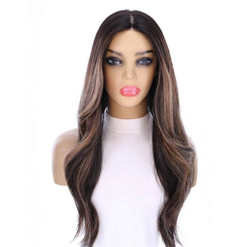 26" Ponytail Silk Top Wig Natural Black w/ Caramel Balayage