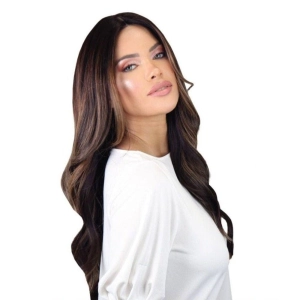 26" Ponytail Silk Top Wig Natural Black w/ Caramel Balayage