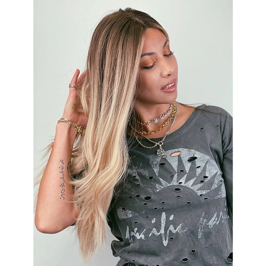 26" Ponytail Silk Top Wig Platinum Blonde w/ Reverse Balayage