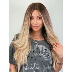 26" Ponytail Silk Top Wig Platinum Blonde w/ Reverse Balayage