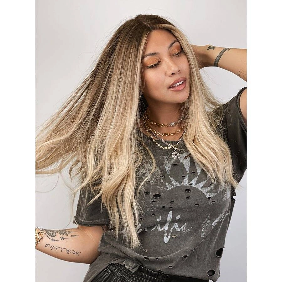 26" Ponytail Silk Top Wig Platinum Blonde w/ Reverse Balayage