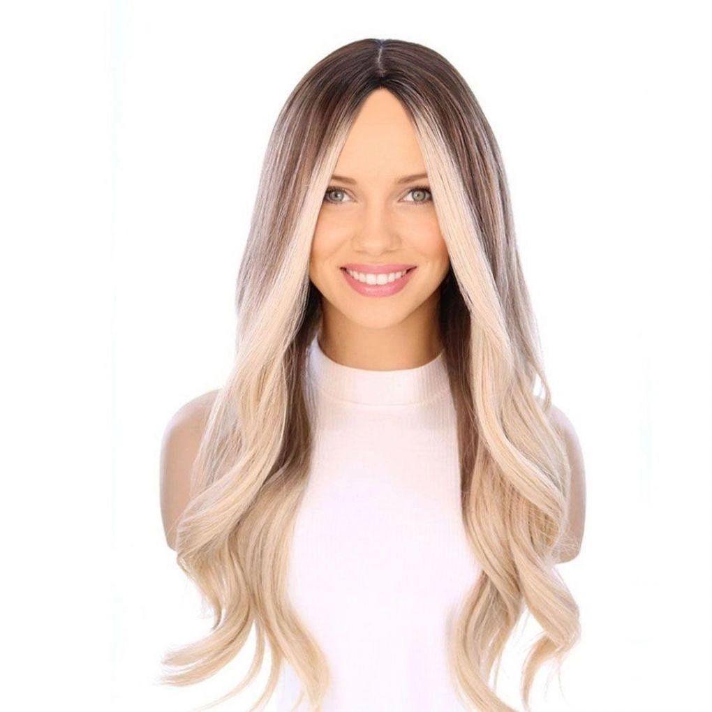 26" Ponytail Silk Top Wig Platinum Blonde w/ Reverse Balayage