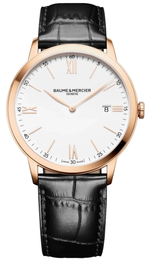 Baume & Mercier Classima Rose Gold PVD White Dial Black Leather Strap Date Quartz Mens Watch M0A10441