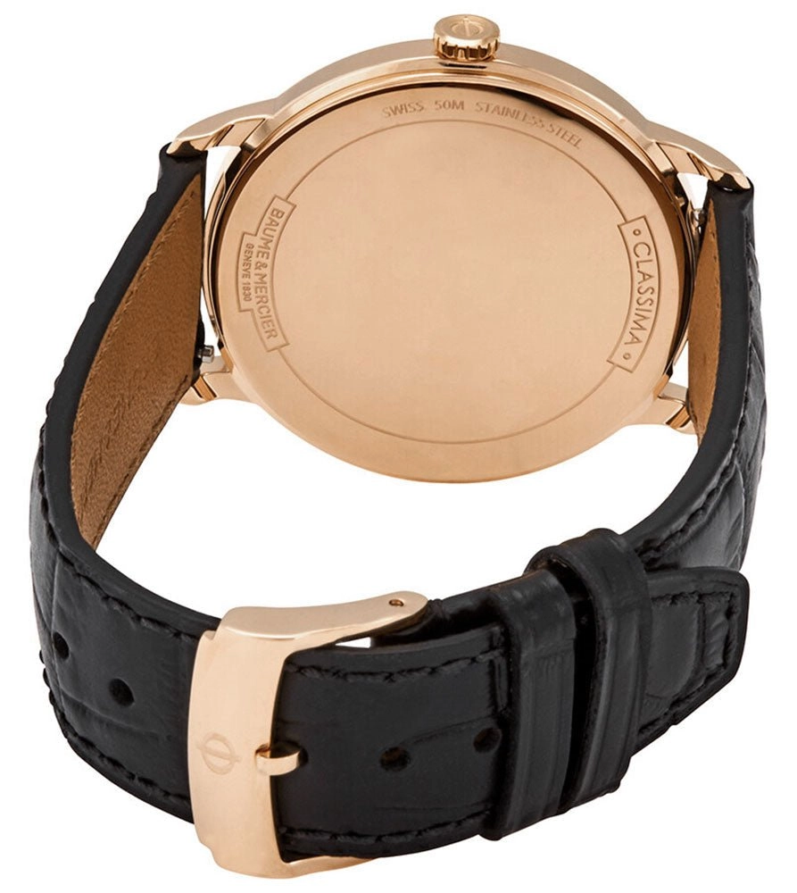 Baume & Mercier Classima Rose Gold PVD White Dial Black Leather Strap Date Quartz Mens Watch M0A10441