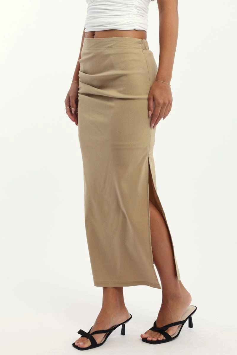 Beige Gathered Midi Skirt High Rise Bengaline Split