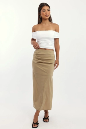 Beige Gathered Midi Skirt High Rise Bengaline Split