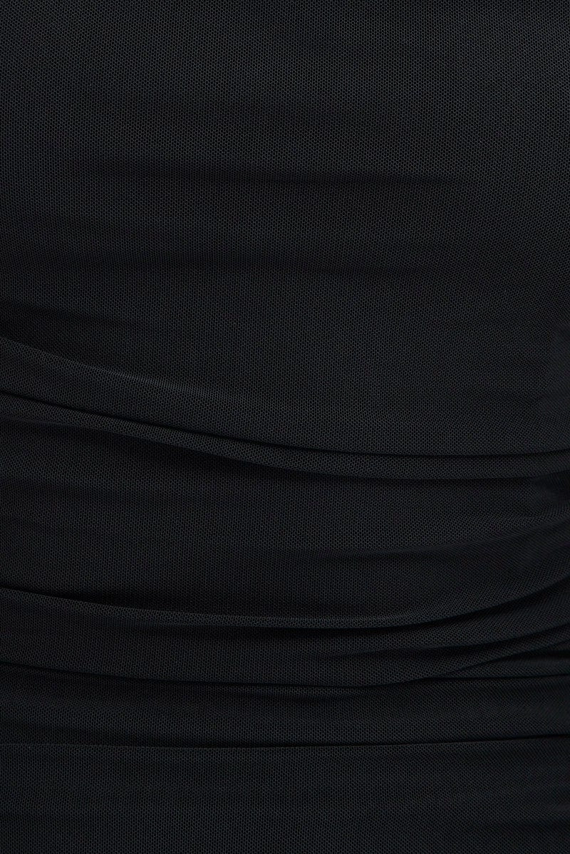 Black Bodycon Dress Ruched Midi Mesh