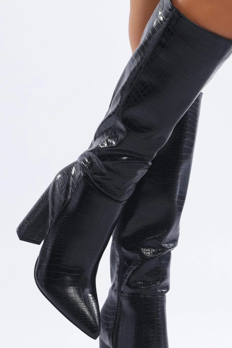 Black Knee High Boots In Croc