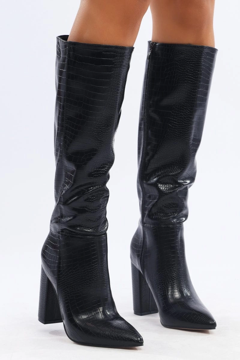 Black Knee High Boots In Croc
