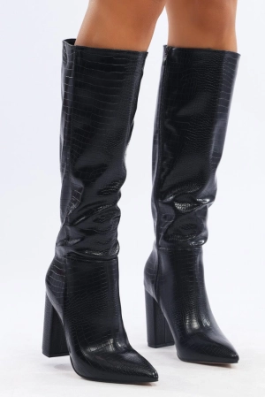 Black Knee High Boots In Croc