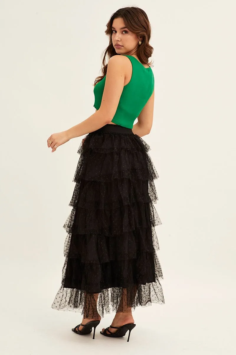Black Midi Skirt Tulle Elastic Waist Mesh