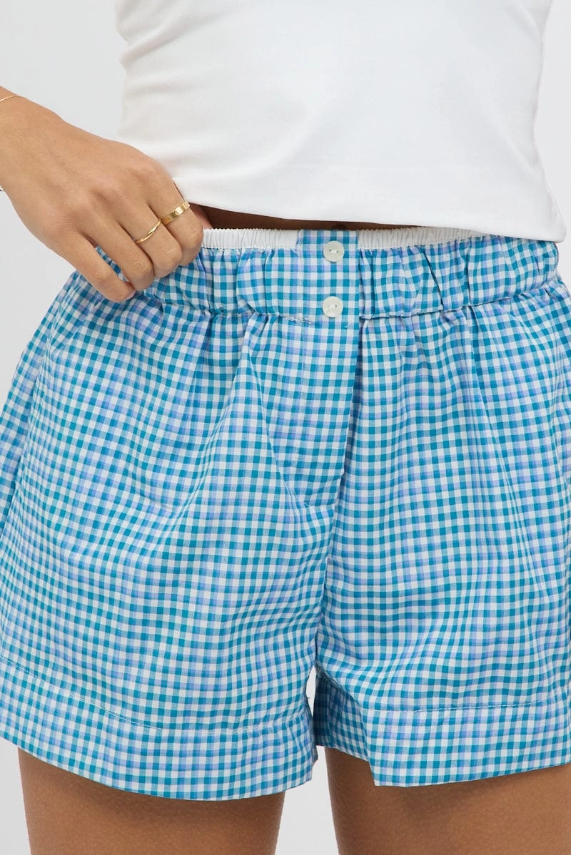 Blue Check Boxer Shorts Elasticated Waist