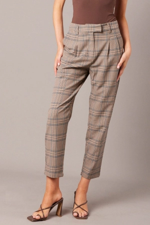 Blue Check Tapered Pants High Rise