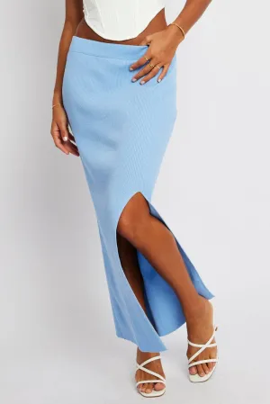 Blue Knit Skirt Front Split High Rise