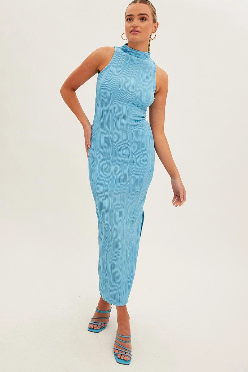 Blue Maxi Dress High Neck Sleeveless