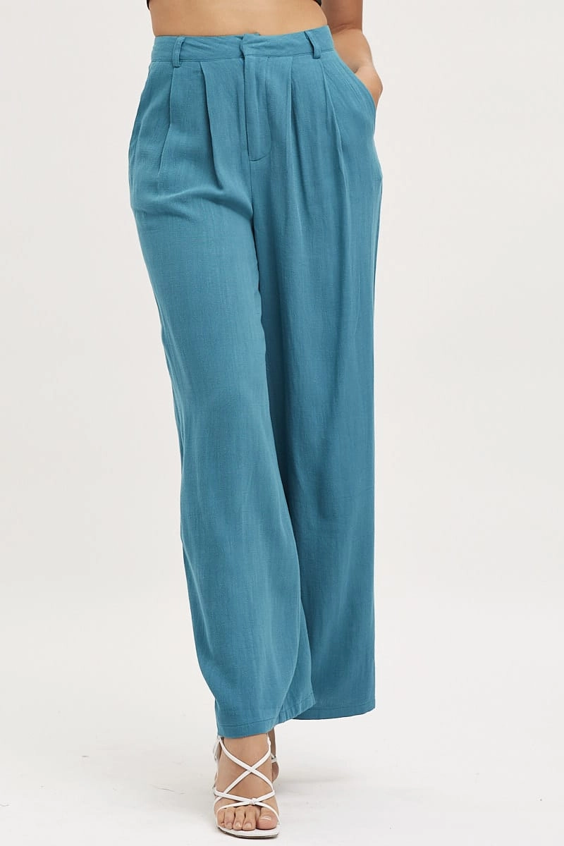 Blue Wide Leg Pants High Rise