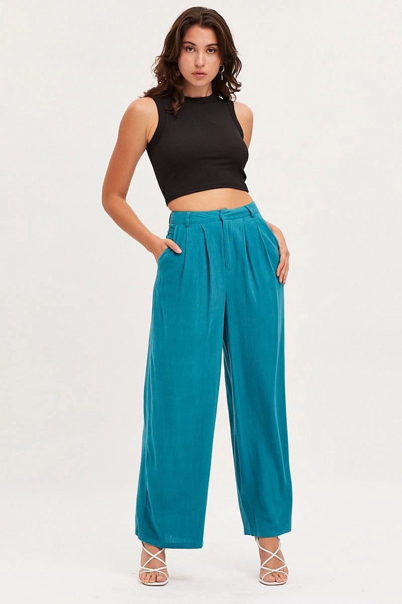 Blue Wide Leg Pants High Rise