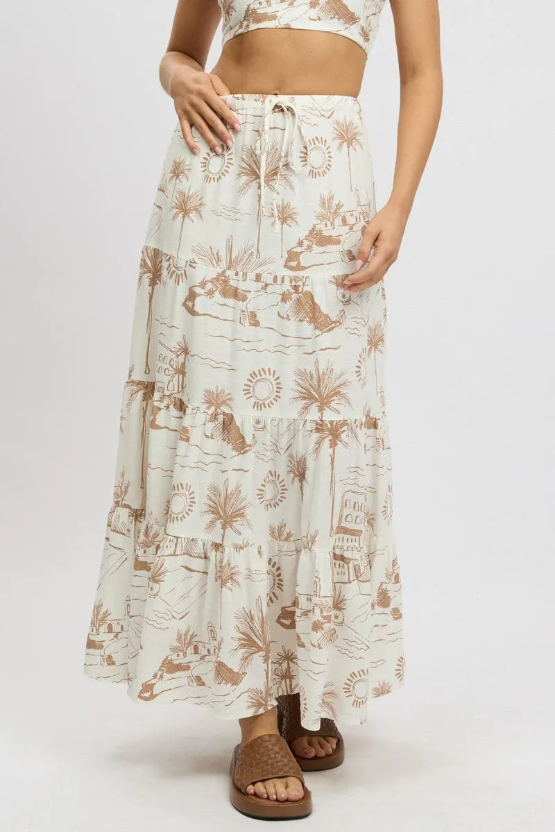 Brown Abstract Maxi Skirt Tiered High Rise Elastic Waistband