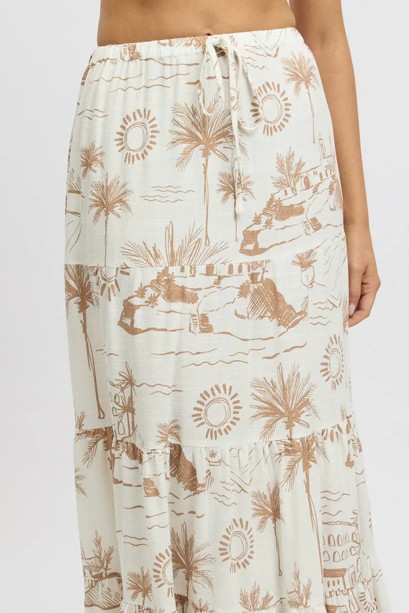 Brown Abstract Maxi Skirt Tiered High Rise Elastic Waistband