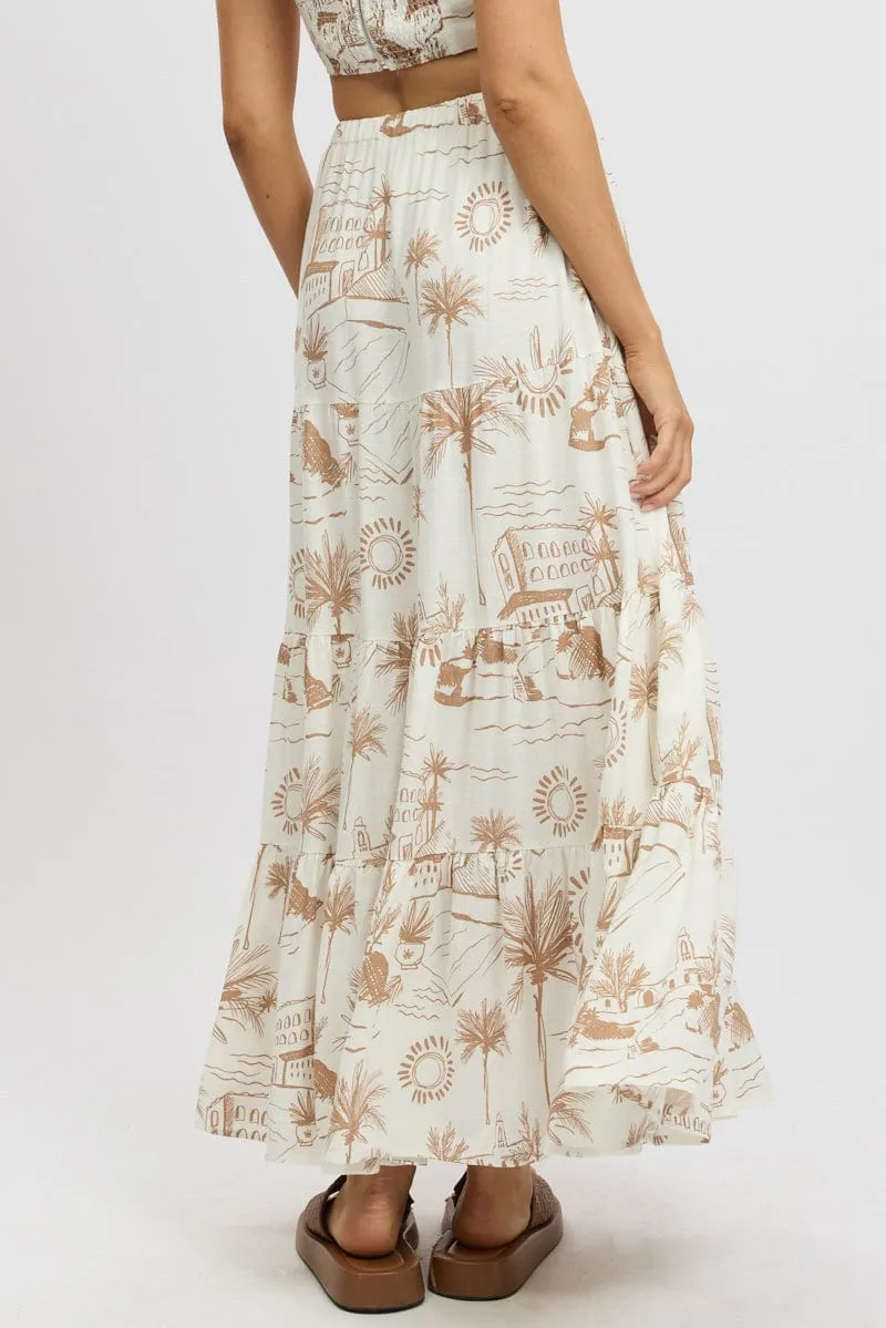 Brown Abstract Maxi Skirt Tiered High Rise Elastic Waistband