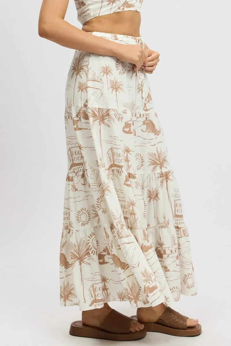 Brown Abstract Maxi Skirt Tiered High Rise Elastic Waistband