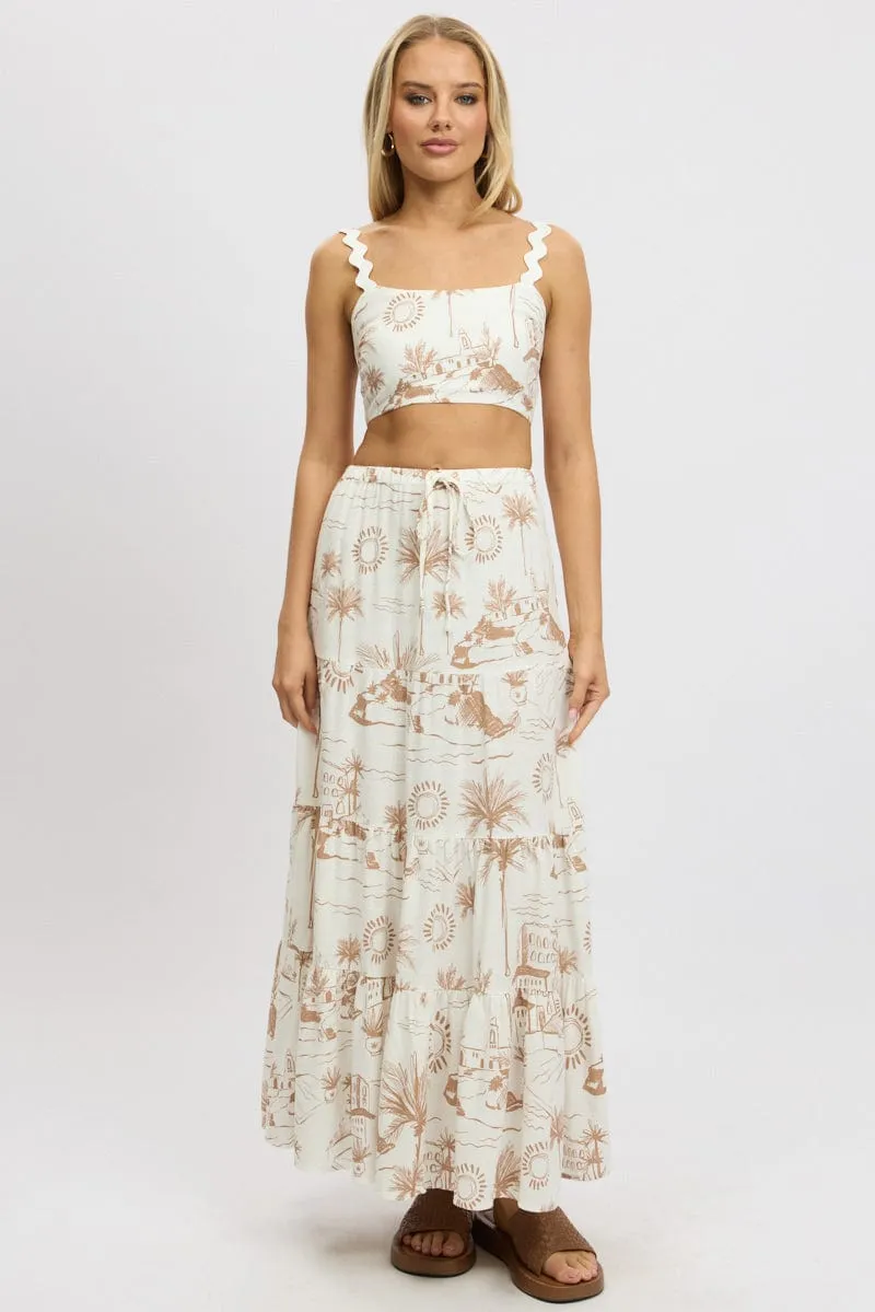 Brown Abstract Maxi Skirt Tiered High Rise Elastic Waistband