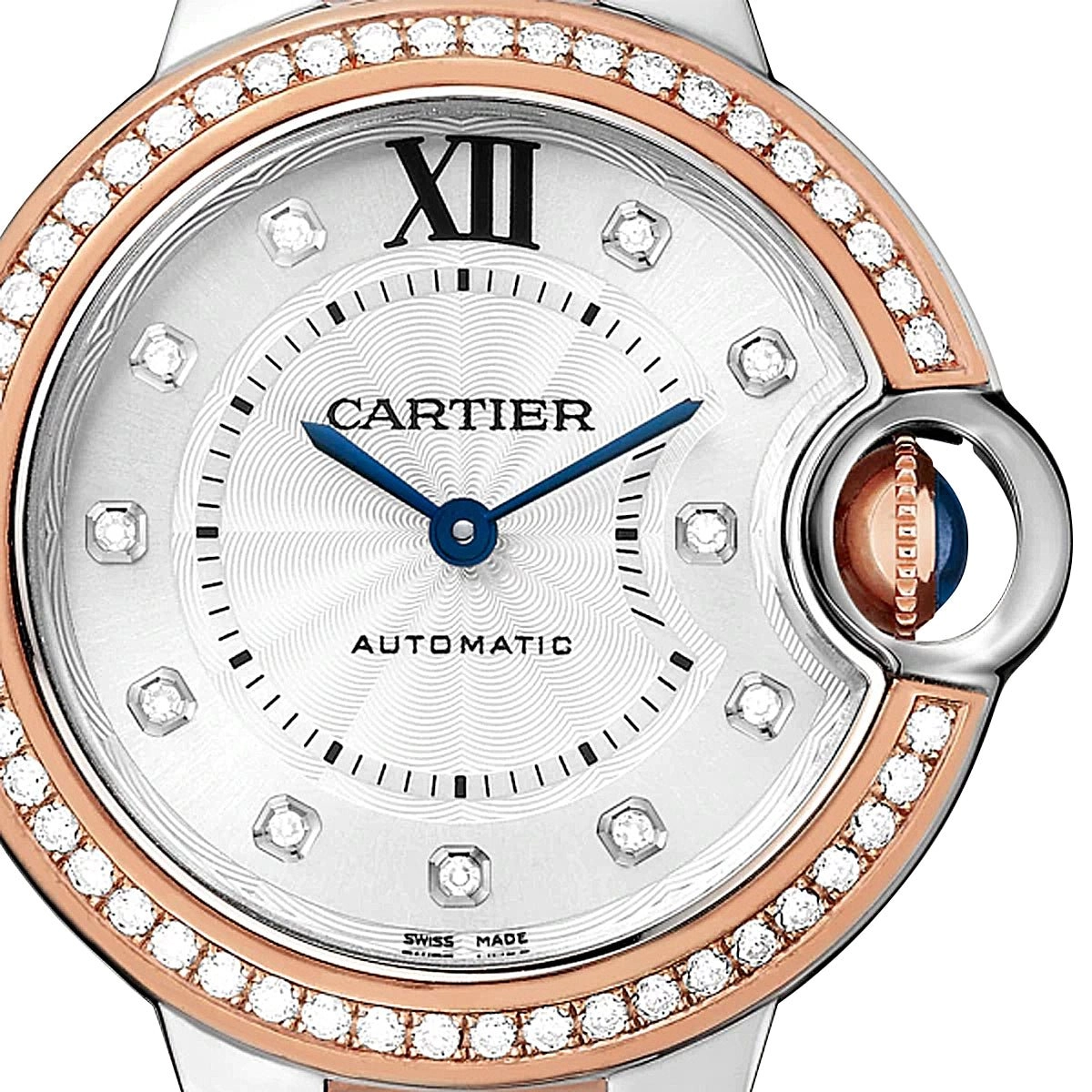 Cartier Ballon Bleu Automatic Stainless Steel & Rose Gold Silver-Tone Dial Diamonds Womens Watch WE902077