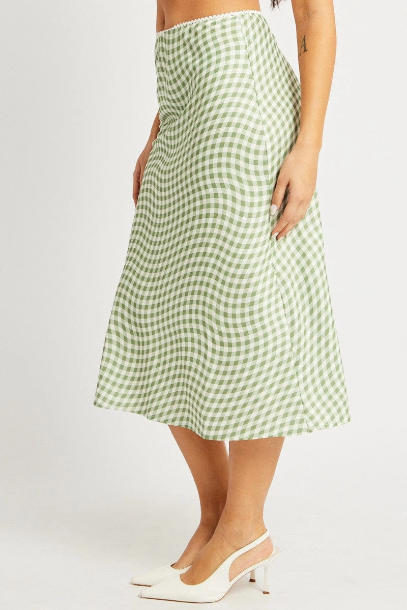 Green Check Slip Skirt High Rise Elasticated Waistband Midaxi