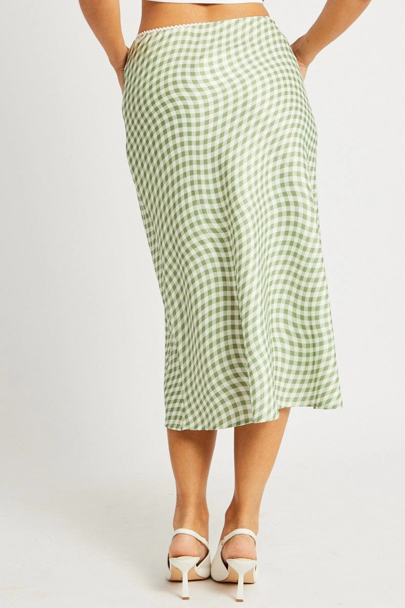 Green Check Slip Skirt High Rise Elasticated Waistband Midaxi