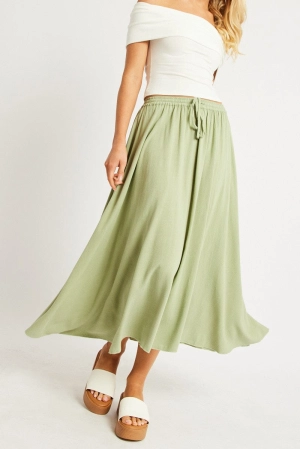 Green Midaxi Skirt High Rise Volume Linen Blend