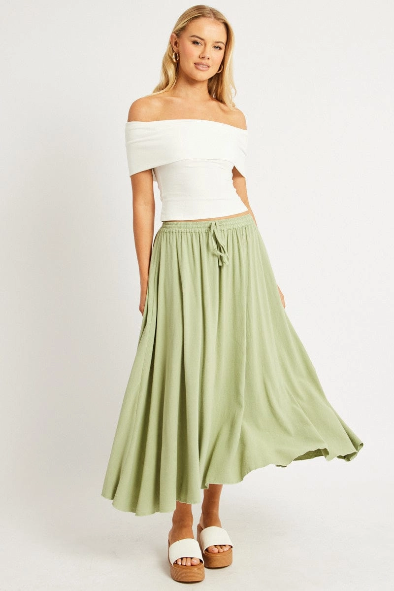Green Midaxi Skirt High Rise Volume Linen Blend