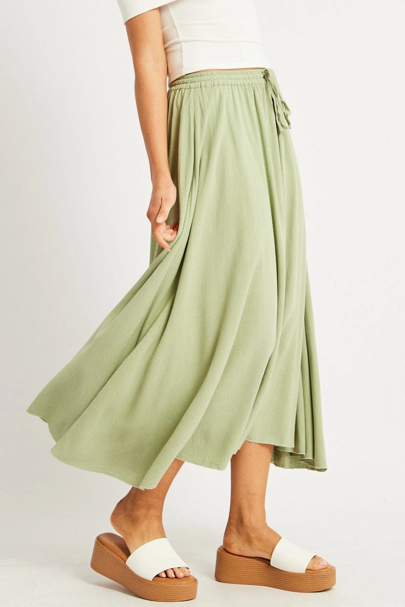 Green Midaxi Skirt High Rise Volume Linen Blend