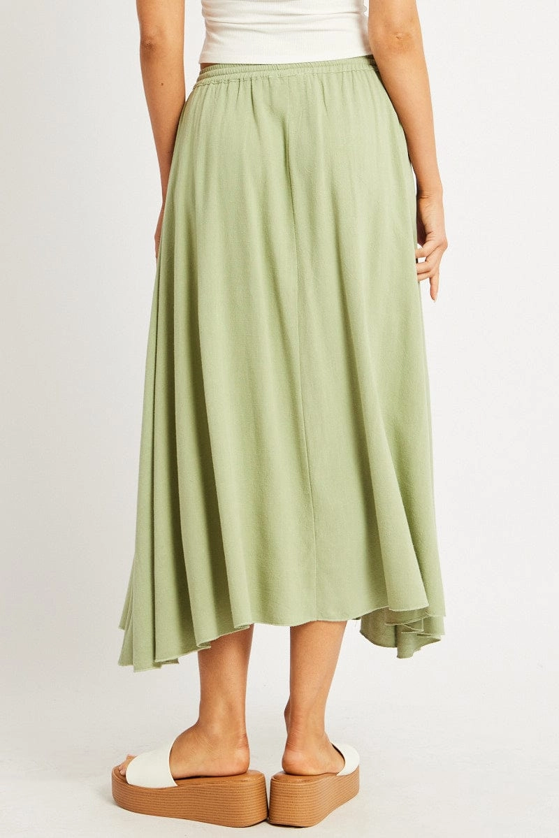 Green Midaxi Skirt High Rise Volume Linen Blend