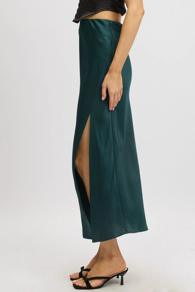 Green Slip Skirt High Waist Front Split Midaxi Satin