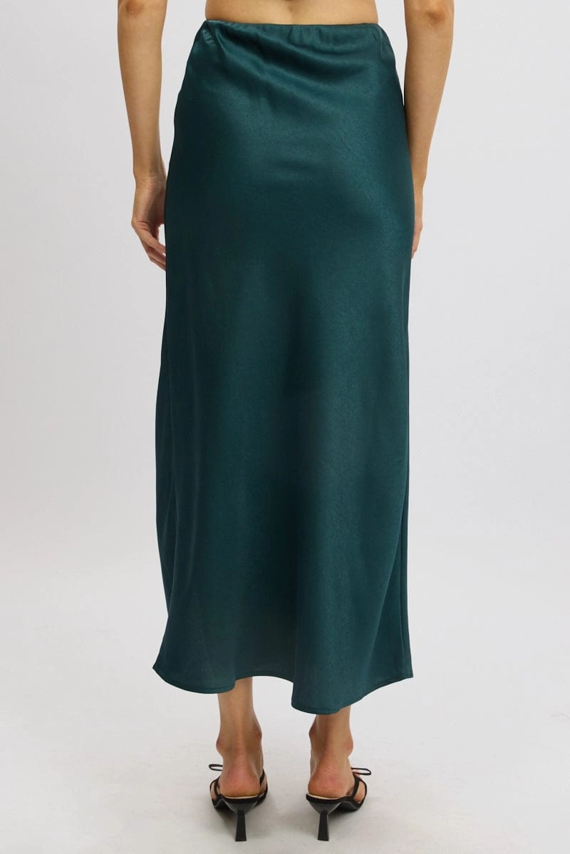 Green Slip Skirt High Waist Front Split Midaxi Satin