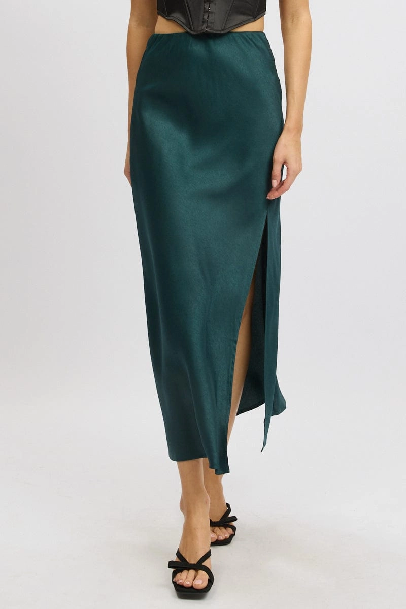 Green Slip Skirt High Waist Front Split Midaxi Satin