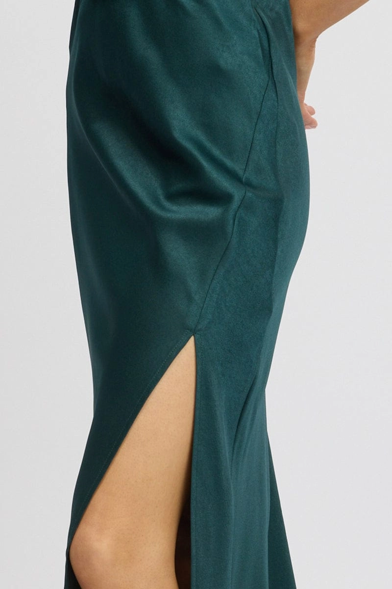 Green Slip Skirt High Waist Front Split Midaxi Satin