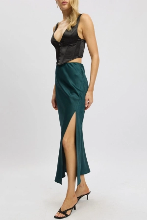 Green Slip Skirt High Waist Front Split Midaxi Satin