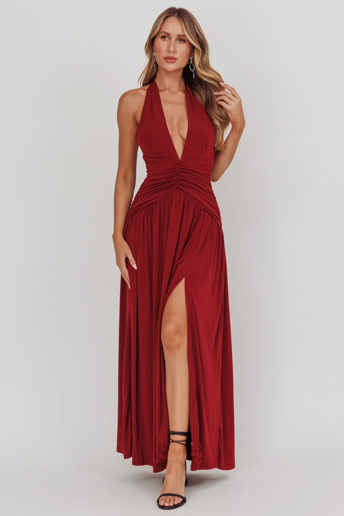 Italia Azure Gathered Waist Maxi Dress Wine