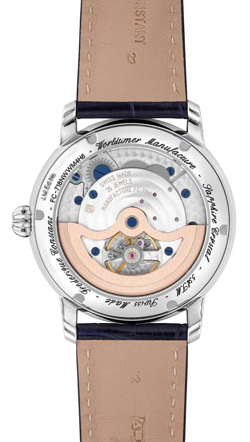 Limited Edition Frederique Constant Classics Worldtimer Manufacture GMT Automatic Stainless Steel Blue Dial Blue Leather Strap Date Mens Watch FC-718NWWM4H6