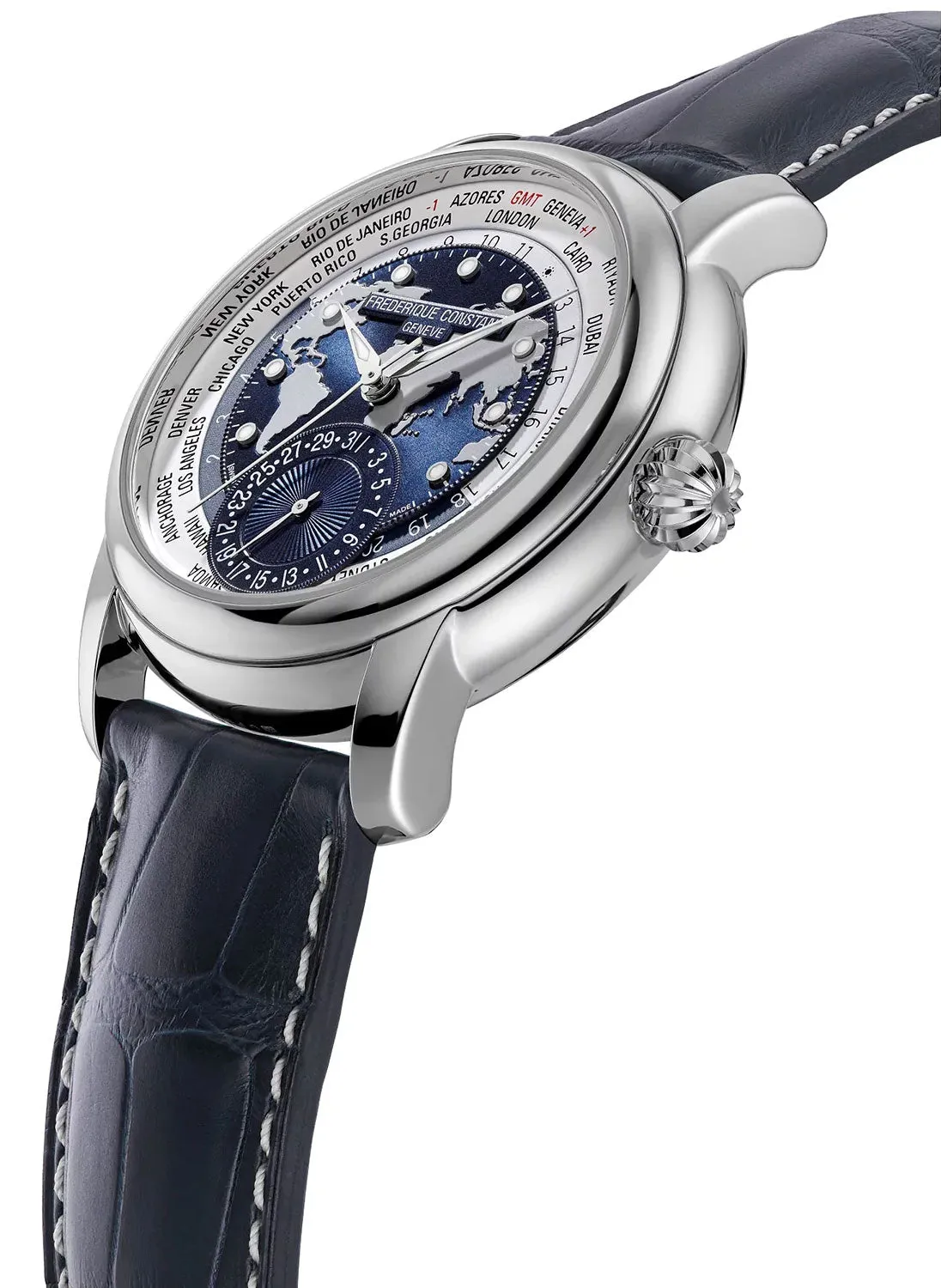 Limited Edition Frederique Constant Classics Worldtimer Manufacture GMT Automatic Stainless Steel Blue Dial Blue Leather Strap Date Mens Watch FC-718NWWM4H6