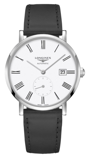 Longines Elegant Automatic Stainless Steel White Dial Black Leather Strap Date Unisex Watch L4.812.4.11.0