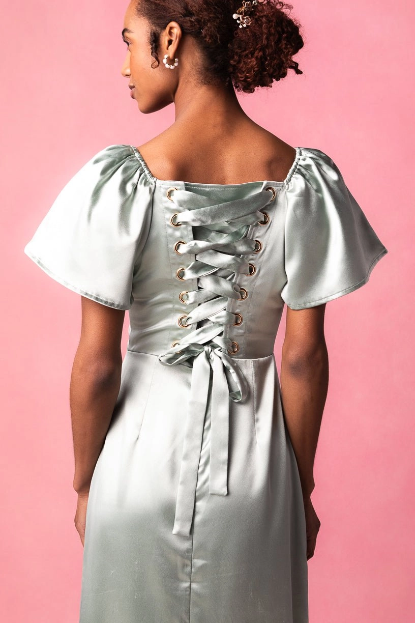 Maddie Dress in Sage Satin