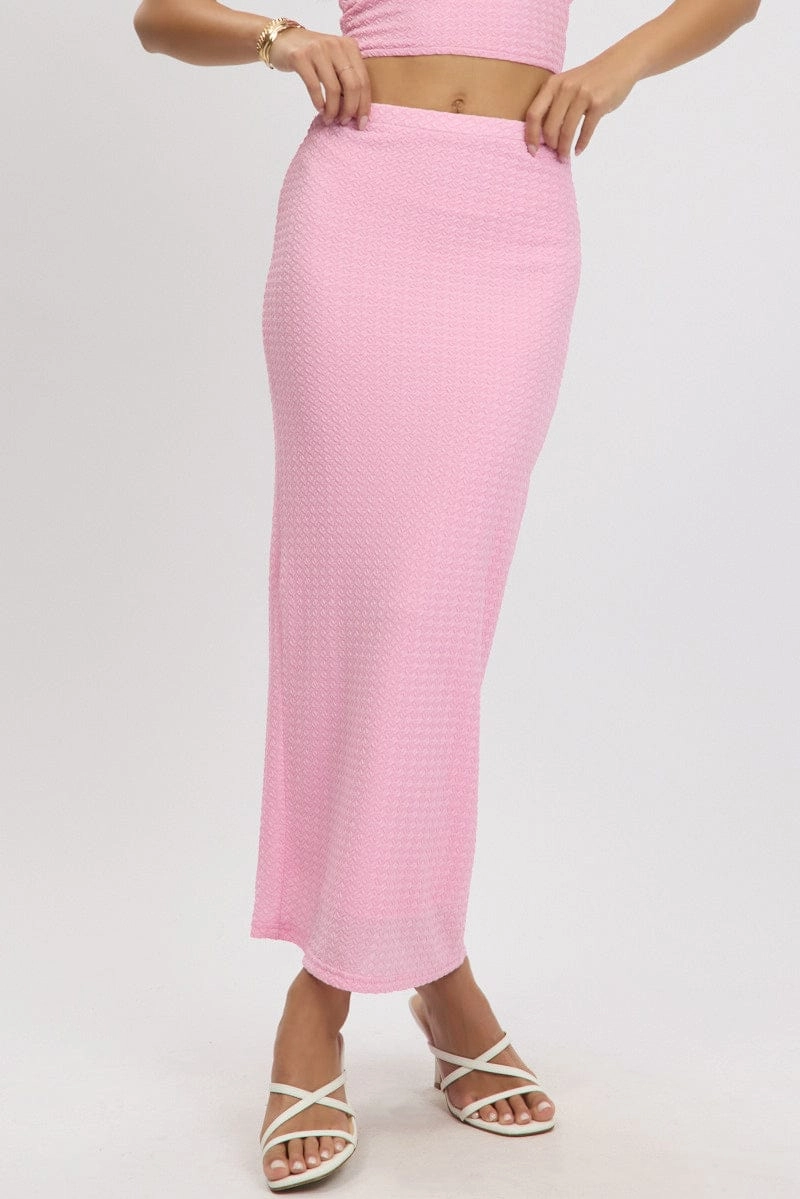 Pink Midi Skirt High Rise Textured Jersey