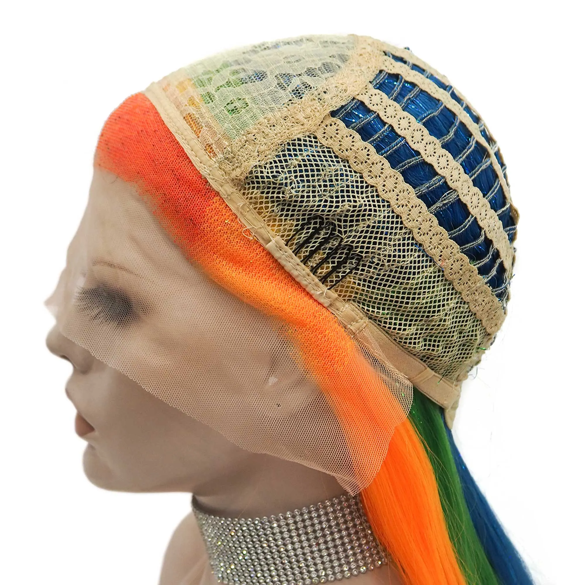 Pride - Rainbow Color With Gold Tinsel Long Straight Synthetic Lace Front Wig