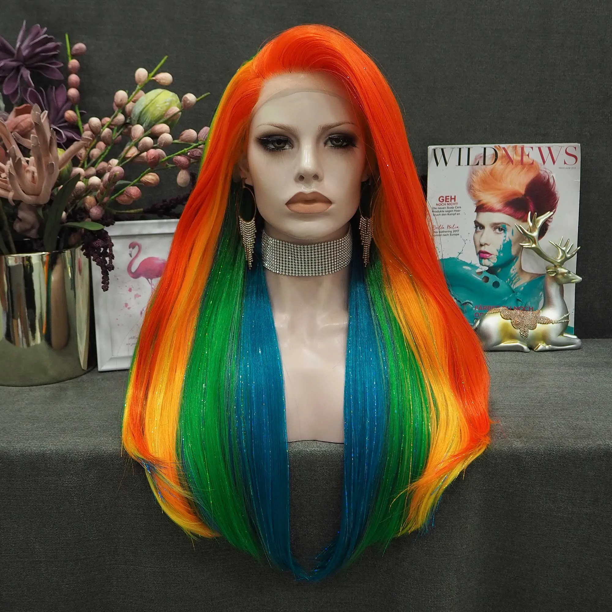 Pride - Rainbow Color With Gold Tinsel Long Straight Synthetic Lace Front Wig