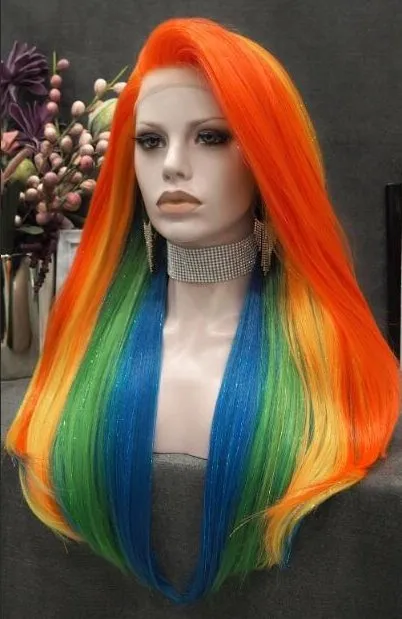 Pride - Rainbow Color With Gold Tinsel Long Straight Synthetic Lace Front Wig