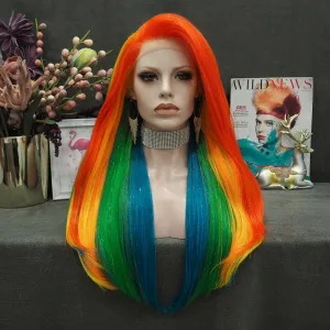 Pride - Rainbow Color With Gold Tinsel Long Straight Synthetic Lace Front Wig
